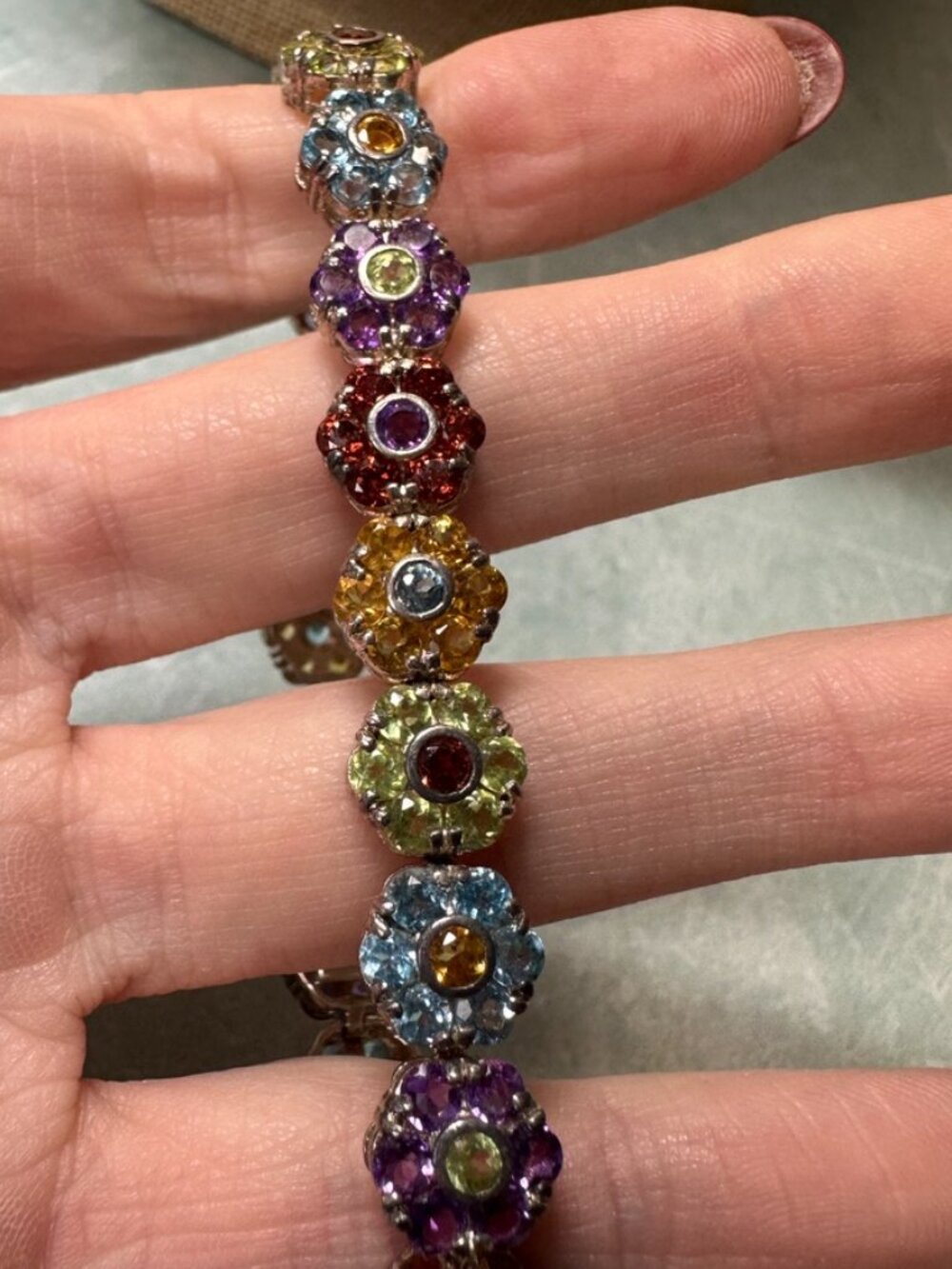 Suzanne Somers .925 Sterling Silver Multicolor Gemstone Flower Tennis Bracelet - Picture 5 of 6
